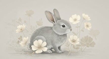 Cute gray bunny in a flower field