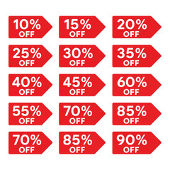 Set of red discount and sale labels with price tags and promotional badges
