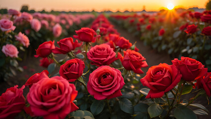 Vibrant red roses bloom in a sunlit field pink flowers
