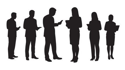 Vector silhouette of business people in formal attire. Clean vector pattern, white background.