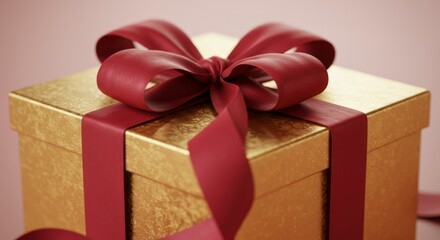Obraz premium Gift box with a red ribbon. A golden gift box adorned with a crimson bow