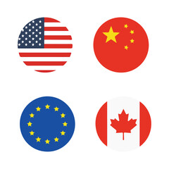 Country Flag Icons Set &ndash; USA, China, EUR, Canada &ndash; Round Vector Symbols	
