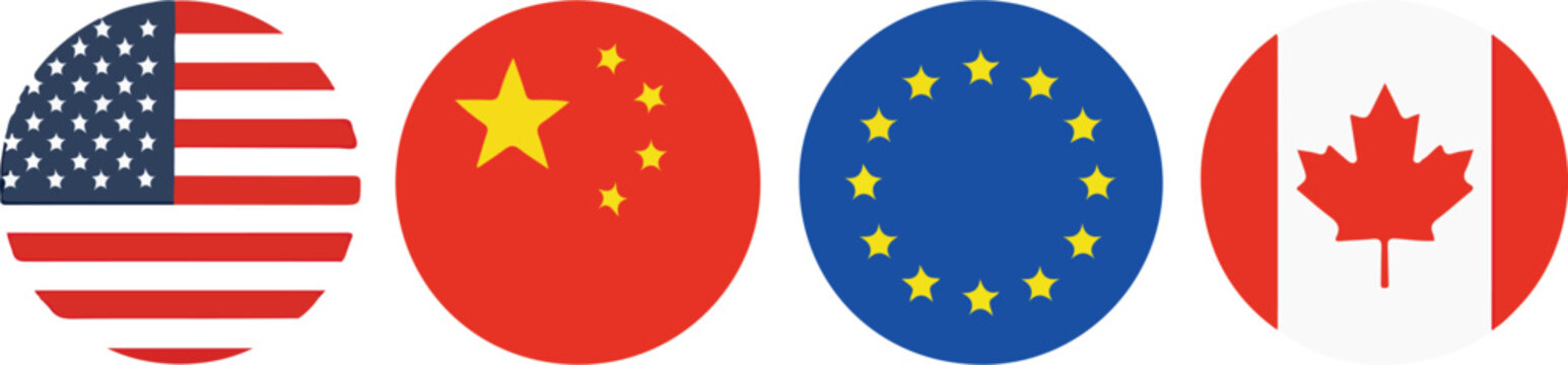 Country Flag Icons Set &ndash; USA, China, EUR, Canada &ndash; Round Vector Symbols	
