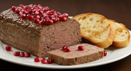 Sliced meatloaf garnished with pomegranate seeds, served with toasted bread slices