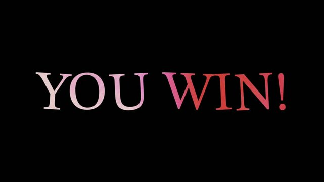 Short text animation on black background showing YOU WIN with vibrant pink to red gradient and fade effect. Simple, bold, and perfect for victory screens or celebrations.
