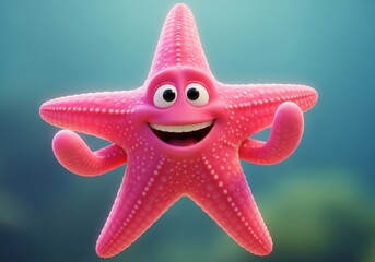 Happy Starfish Greeting - A cheerful pink starfish waves hello, symbolizing friendship, joy, ocean life, summer fun, and underwater adventures