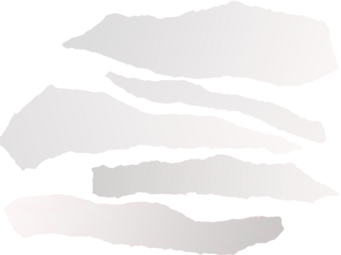 Fragments of torn white paper float against a transparent background, perfect for adding texture or a distressed effect to graphic design projects.