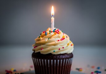 Single Delicious Birthday Cupcake with Lit Candle - A single chocolate cupcake with vanilla frosting, colorful sprinkles, and a lit candle.