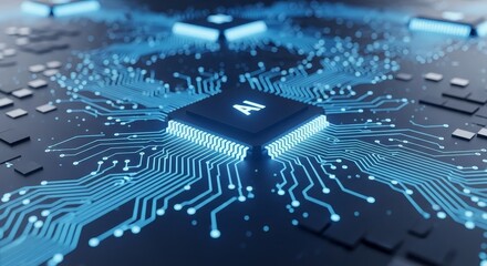 Advanced AI Technology Circuit Board - Futuristic AI, intelligence, glowing circuits, technological innovation, advanced computing.
