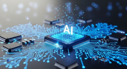 AI Technology Microchip Innovation - Close-up view of an AI microchip on a circuit board, showcasing advanced technology and innovation