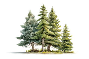 PNG Cluster of evergreen pine trees on white background