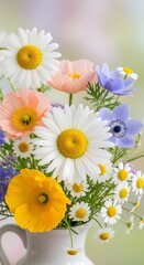 Fototapeta premium “Dreamy wildflower bouquet in pastel daisies, poppies and anemones – fresh spring floral arrangement for home decor and nature photography”