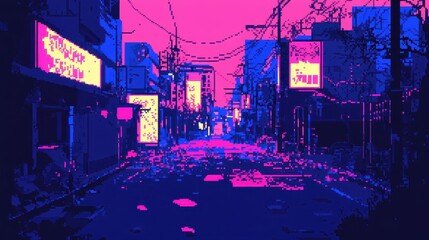 Obraz premium Pixelated city street at dusk, vibrant neon lights.