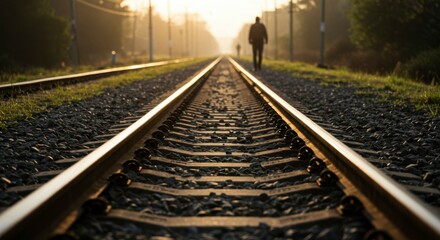 Fototapeta premium A person strolls along sunlit railway tracks, with a blurry figure in the distance