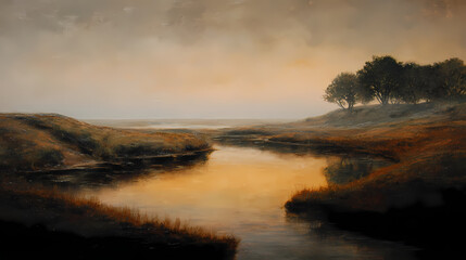 Obraz premium conceptual backdrop for lyrical theatre | landscape as divine echo | hallowed stillness | faded ochre with silver bloom | asymmetric divine perspective | sacred pathways dissolving | veiled