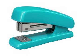 Turquoise stapler placed on a transparent background, ready for binding documents in office or home environment