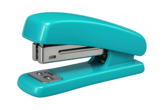 Turquoise stapler placed on a transparent background, ready for binding documents in office or home environment