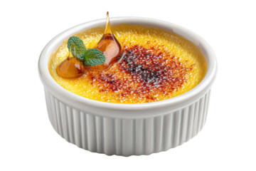 PNG Classic crème brûlée with caramel garnish in white ramekin