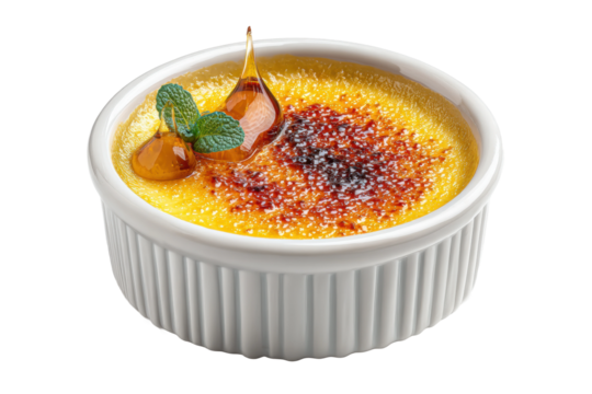 PNG Classic crème brûlée with caramel garnish in white ramekin