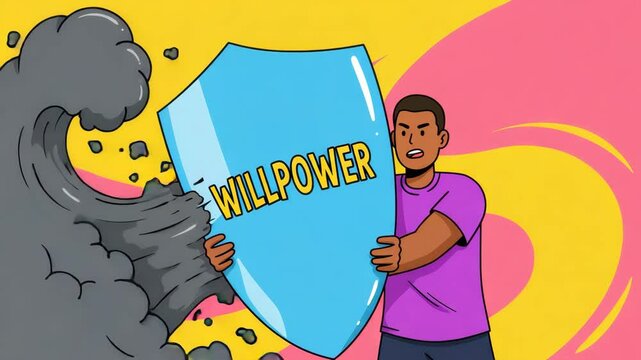 A person shows determination, holding a willpower shield against a powerful force