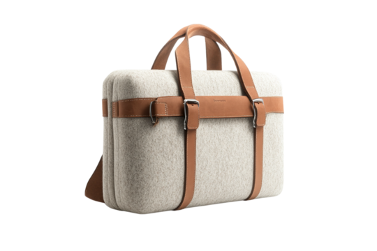 A white felt laptop bag with light brown leather straps, photographed against a clean background, showcasing its sleek design and soft texture isolated on a transparent background in PNG format. - Powered by Adobe