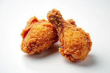 Two golden brown crispy fried chicken pieces on white image