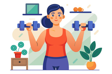 Strong Fit Woman Lifting Dumbbells at Home or Gym – Fitness Training and Strength Workout Vector Illustration – Generative AI