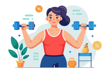 Strong Fit Woman Lifting Dumbbells at Home or Gym – Fitness Training and Strength Workout Vector Illustration – Generative AI