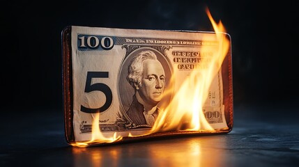 Burning united states 105 dollar bill symbolic photo represents financial crisis or loss