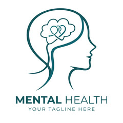 Mental Health Outline Logo Icon Template Design, Head and Brain Vector Illustration