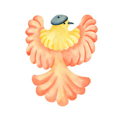 Fabulous unusual bird in a cap with spread wings. Drawn with watercolors. Illustration on an isolated background