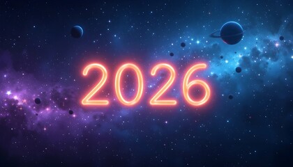 Happy New Year 2026 glowing neon text over starry galaxy background, deep blues and purples with sparkling stars and planets, futuristic vibe