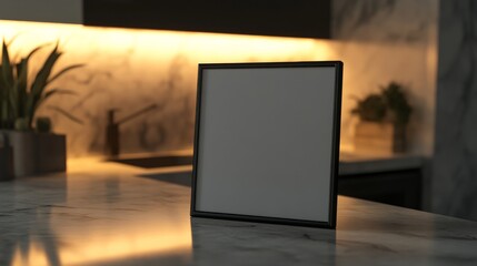 A sleek black metal picture frame with a matte finish, standing on a marble kitchen countertop, illuminated by warm under-cabinet LED lights. The shot is taken from a slightly high angle.