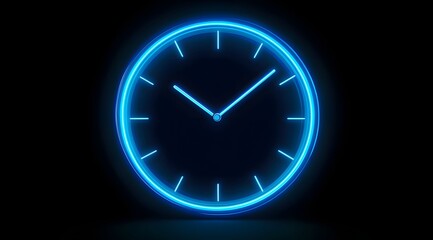 A futuristic digital clock light effect. A glowing silhouette of a clock representing time. Background laser blue neon clock vector illustration 