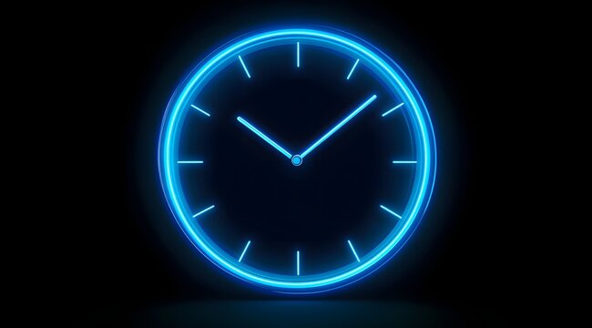 A futuristic digital clock light effect. A glowing silhouette of a clock representing time. Background laser blue neon clock vector illustration 