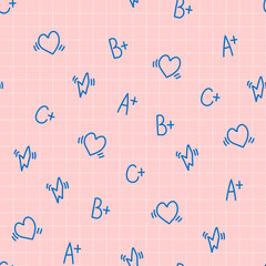 Doodle seamless pattern of hearts and school grades in a line