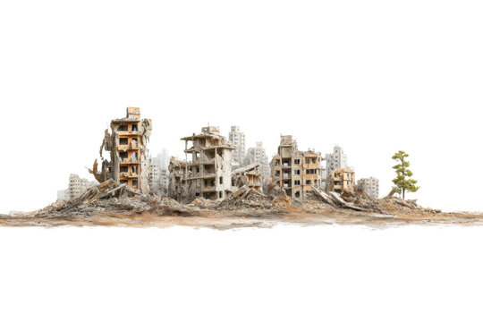 PNG Panoramic view of war-torn urban landscape with abandoned buildings and a lone tree - Powered by Adobe