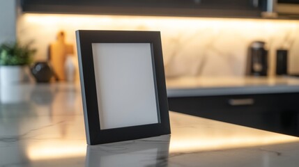 A sleek black metal picture frame with a matte finish, standing on a marble kitchen countertop, illuminated by warm under-cabinet LED lights. The shot is taken from a slightly high angle.