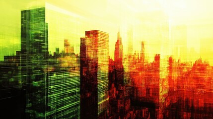 Obraz premium Abstract cityscape illustration with digital overlay.