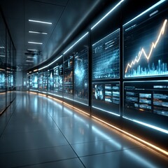 A sleek, futuristic office with glowing digital dashboards displaying rising charts and automated workflows, minimalist design, soft ambient lighting, no people, photorealistic, cinematic, high detail