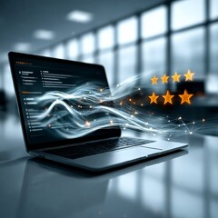 A sleek laptop sits on an office desk, with digital waves emanating from the screen full of customer reviews and ratings and futuristic energy particles floating in front of it, symbolizing innovation