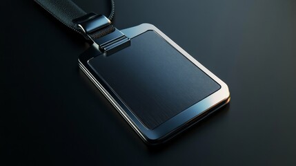 A sleek, modern - designed smart name tag in a realistic rendering style. It has a built - in, visible camera lens on the front, crafted with high - tech materials like polished metal and durable plas