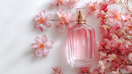 Flat lay of pink womenâ€™s fragrance bottle on a white background