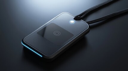 A sleek, modern - designed smart name tag in a realistic rendering style. It has a built - in, visible camera lens on the front, crafted with high - tech materials like polished metal and durable plas