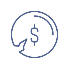 Currency depreciation icon, minimal financial loss symbol showing falling coin value, monetary decline, unstable economy and inflation flat vector illustration.