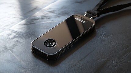 A sleek, modern - designed smart name tag in a realistic rendering style. It has a built - in, visible camera lens on the front, crafted with high - tech materials like polished metal and durable plas
