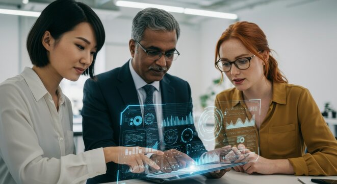 Three diverse professionals collaborating around a tablet, with projected data visuals during a business discussion