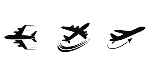 Professional Minimalist Airplane Trio Logo Concept with Velocity Lines and Altitude Variance in Black Silhouette