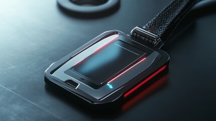 A sleek, modern - designed smart name tag in a realistic rendering style. It has a built - in, visible camera lens on the front, crafted with high - tech materials like polished metal and durable plas