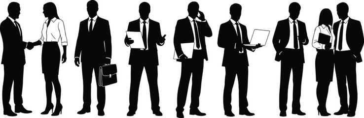 Silhouettes of seven business professionals in formal attire, handshaking, phone calls, document handling, teamwork, communication, leadership, office interaction, corporate lifestyle illustration